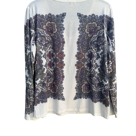 Cache Long Sleeve V-Neck Paisley Print Metal Beaded Stretch Shirt Blouse Top L - Picture 2 of 9